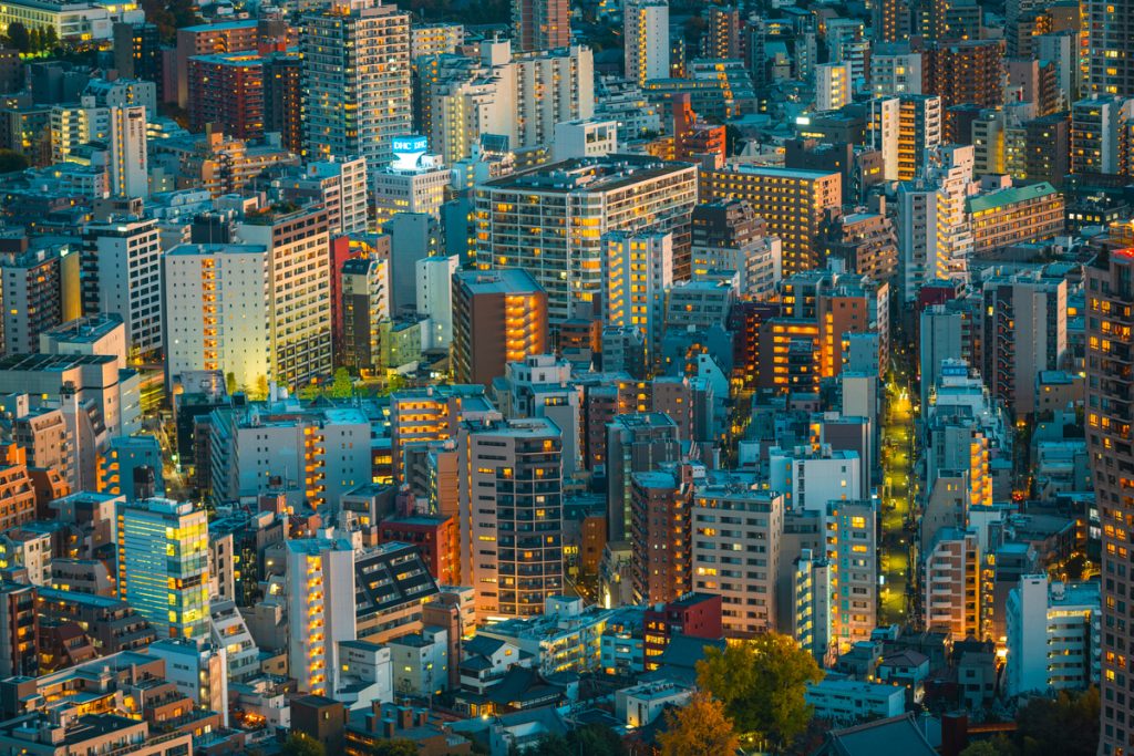 Aerial view of Tokyo skyline at night